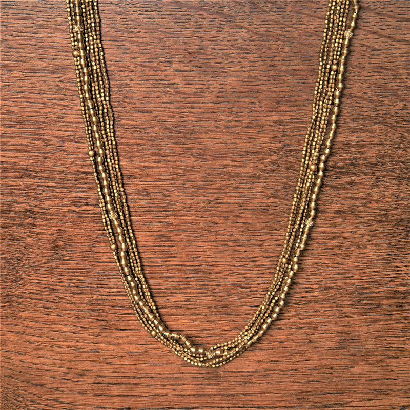 Artisan handmade pure brass, mixed tiny cube and etched beaded, long multi strand necklace designed by OMishka