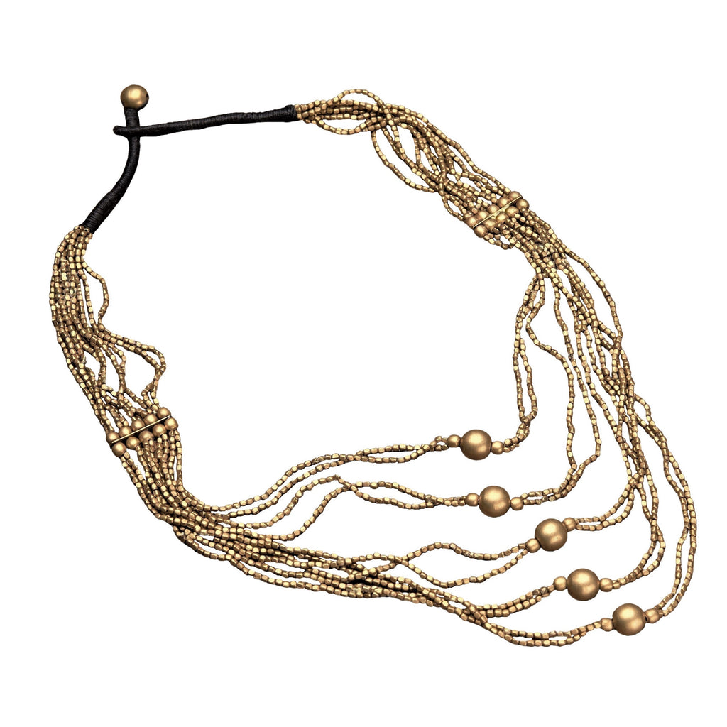 Artisan handmade pure brass, tiny cube and round beaded, multi layered necklace designed by OMishka.