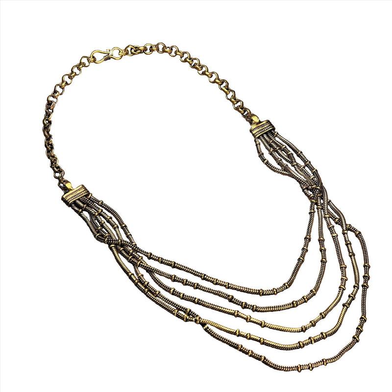 Artisan handmade pure brass multi strand, subtle beaded, adjustable snake chain necklace designed by OMishka.