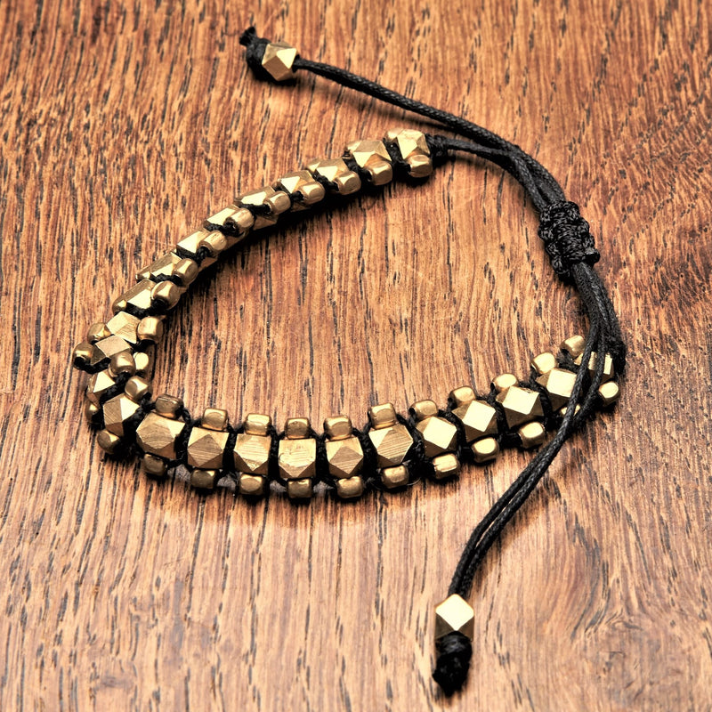 Artisan handmade pure brass, octagonal beaded, adjustable black waxed cord bracelet designed by OMishka.