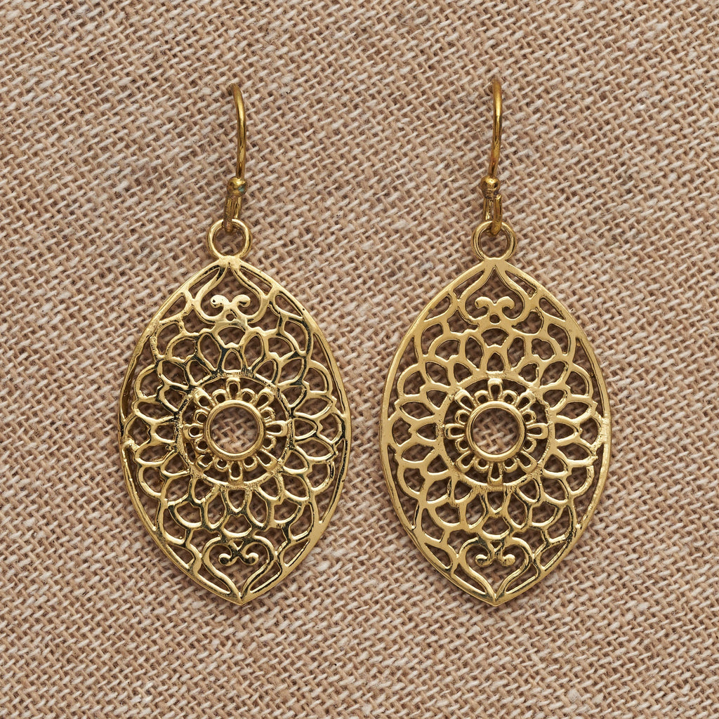 Artisan handmade pure brass, large oval shaped, floral patterned dangle earrings designed by OMishka.