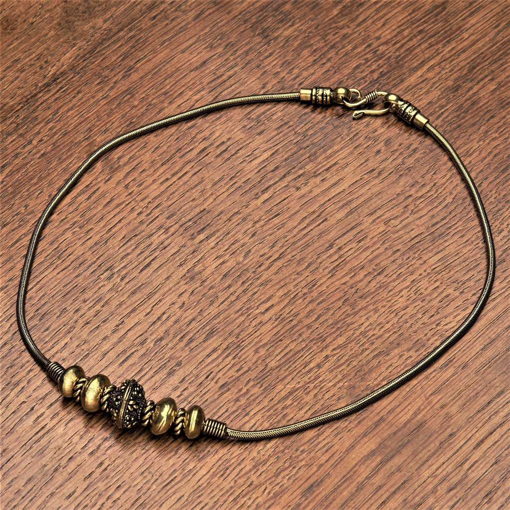 Artisan handmade pure brass, patterned beaded, snake chain necklace designed by OMishka.