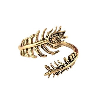 An adjustable, artisan handmade pure brass, dainty peacock feather wrap ring designed by OMishka.