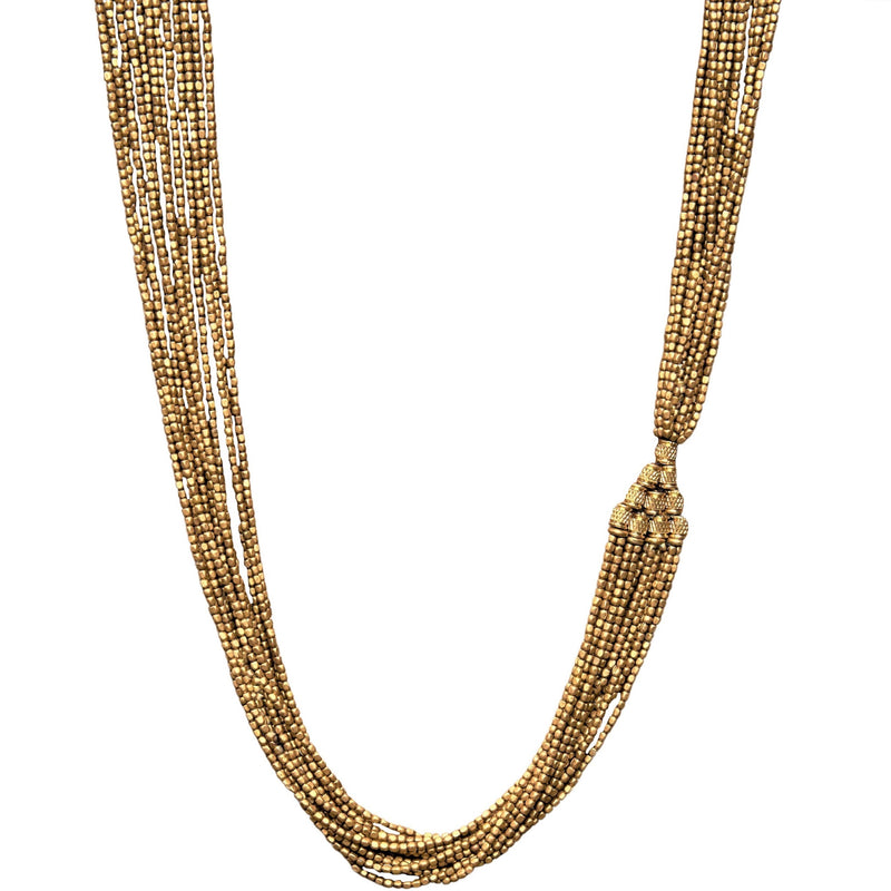 Artisan handmade pure brass, pyramid beaded, long multi strand necklace designed by OMishka.