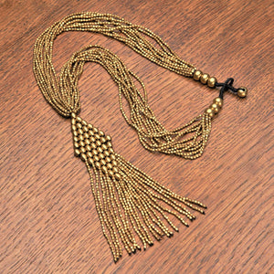 Artisan handmade pure brass, beaded rhombus, multi strand tassel necklace designed by OMishka.