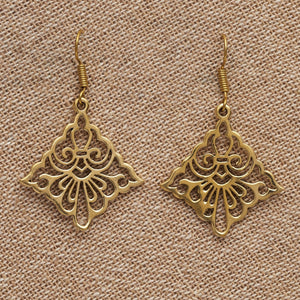 Artisan handmade pure brass, rhombus shaped, filigree floral cut out dangle earrings designed by OMishka.