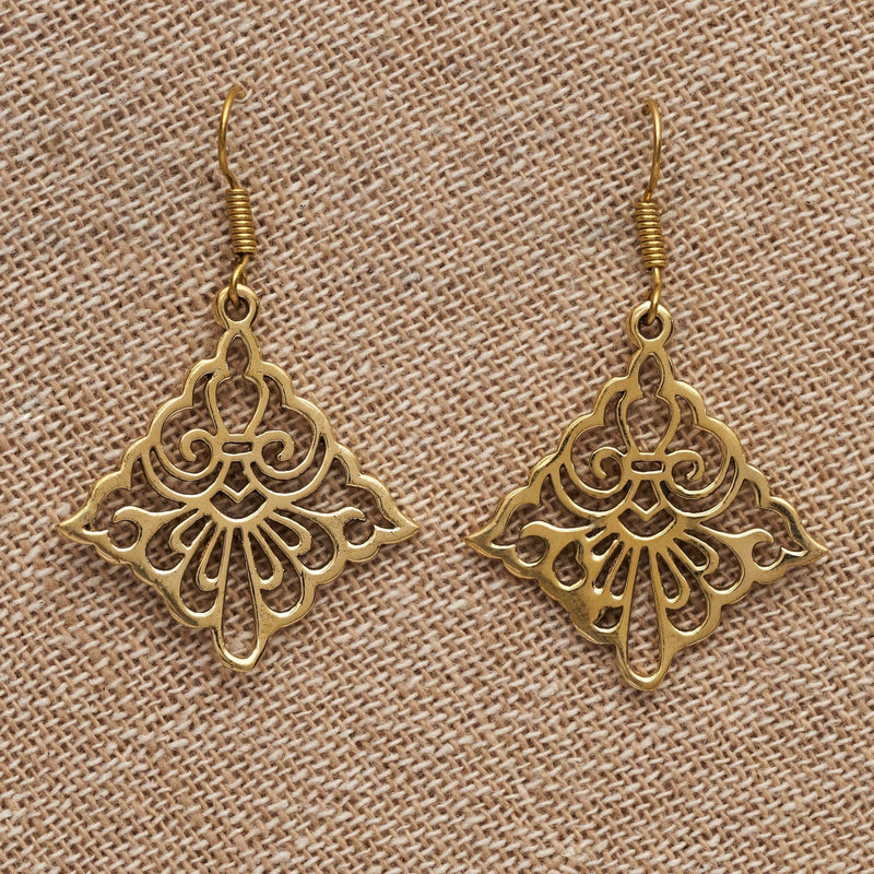 Artisan handmade pure brass, rhombus shaped, filigree floral cut out dangle earrings designed by OMishka.