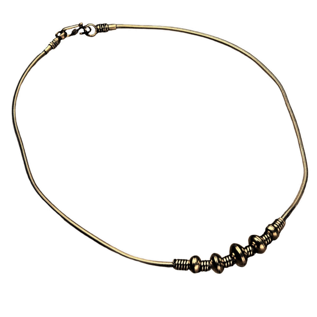 Artisan handmade pure brass, decorative smooth beaded, snake chain necklace designed by OMishka.