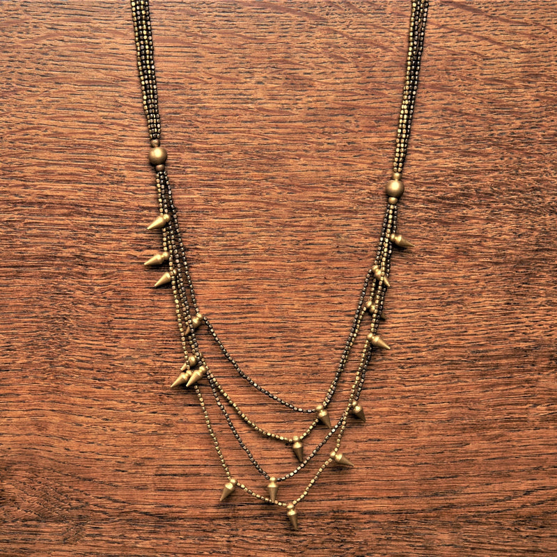 Artisan handmade pure and oxidised black brass, tiny cube beaded and spike rivet stud, multi strand necklace designed by OMishka.