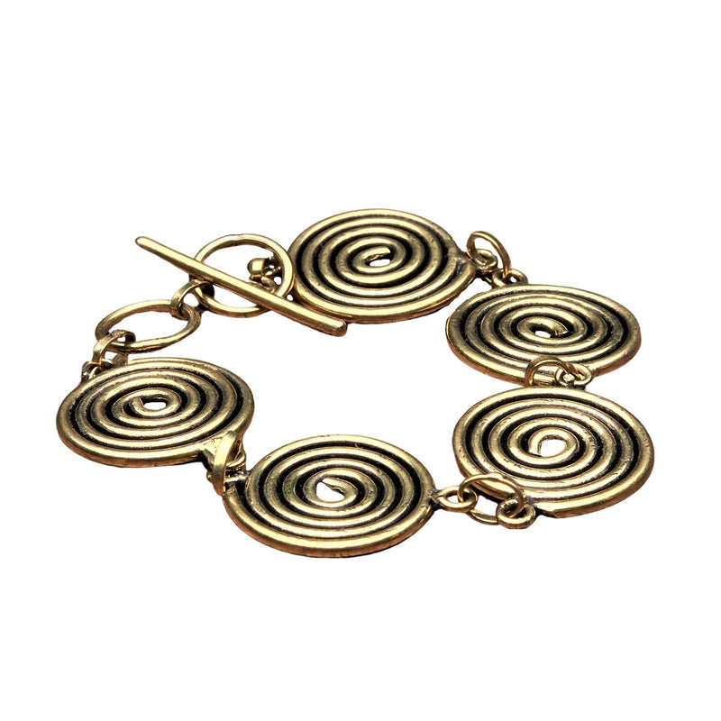 Artisan handmade pure brass, five spiral detail, smooth textured bracelet designed by OMishka.