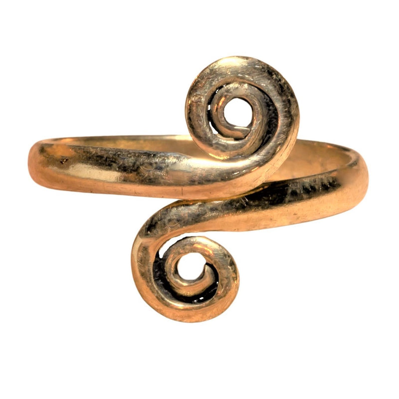 A dainty, artisan handmade, adjustable pure brass open spiral wrap toe ring designed by OMishka.