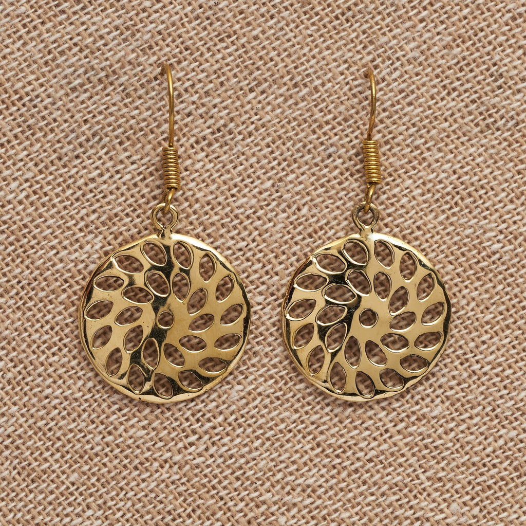 Artisan handmade pure brass, dainty, cut out sun inspired disc drop earrings designed by OMishka.