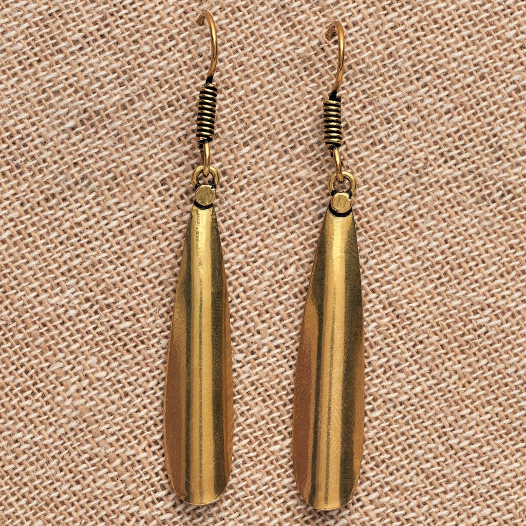 Artisan handmade pure brass, smooth textured, dainty teardrop simple drop hook earrings designed by OMishka.