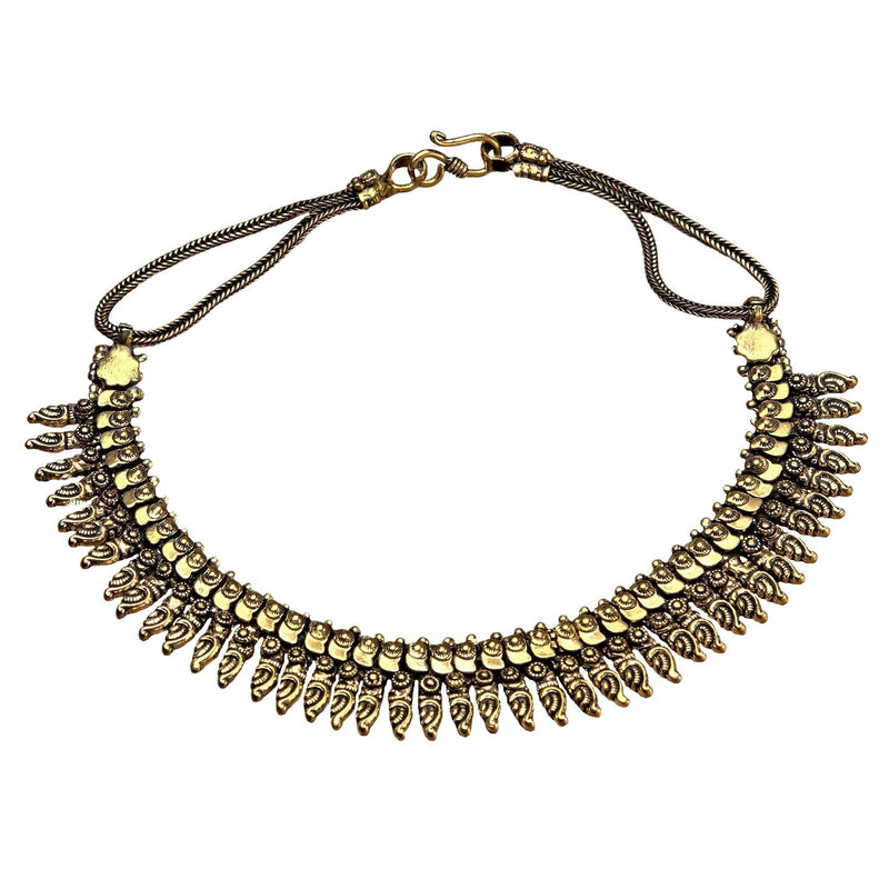 Artisan handmade pure brass, tribal patterned disc and beaded, chainmail necklace designed by OMishka.