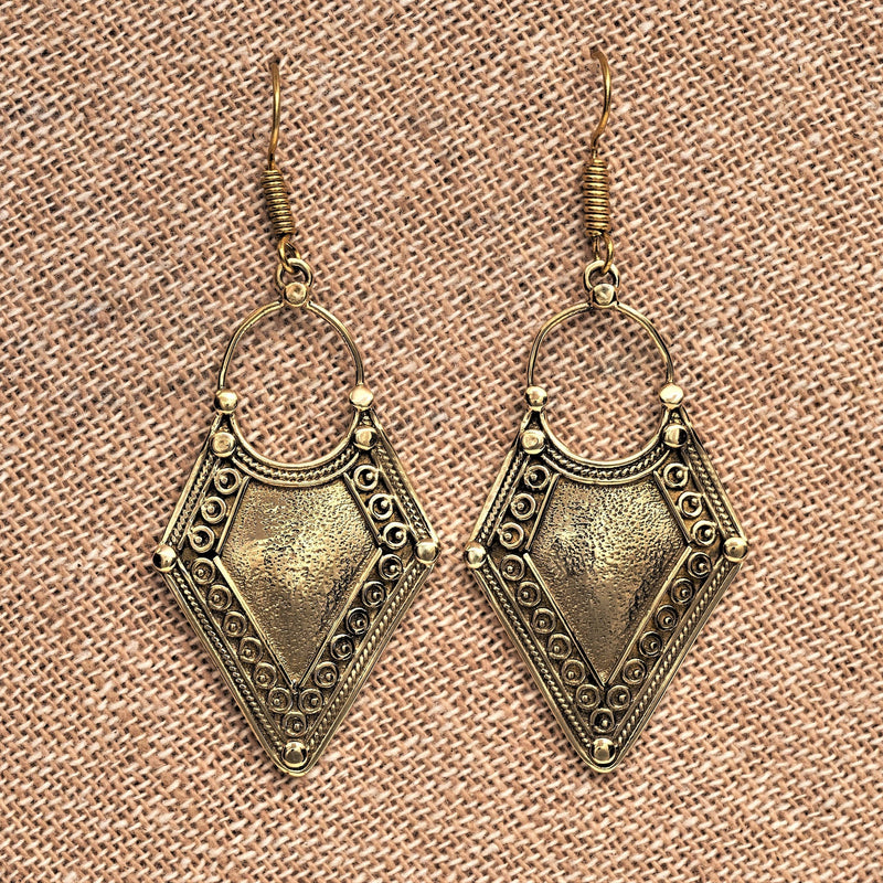 Artisan handmade pure brass, long, hollow tribal shield, dangle hook earrings designed by OMishka.