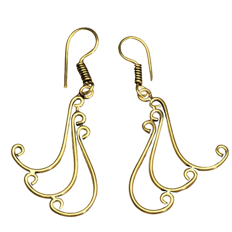 Artisan handmade, pure brass triple crested wave, drop hook earrings designed by OMishka.