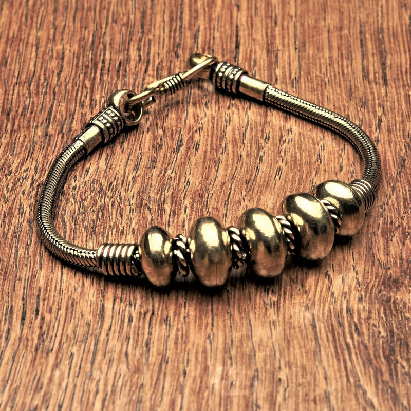 Artisan handmade pure brass, solid and twisted beaded, snake chain bracelet designed by OMishka.