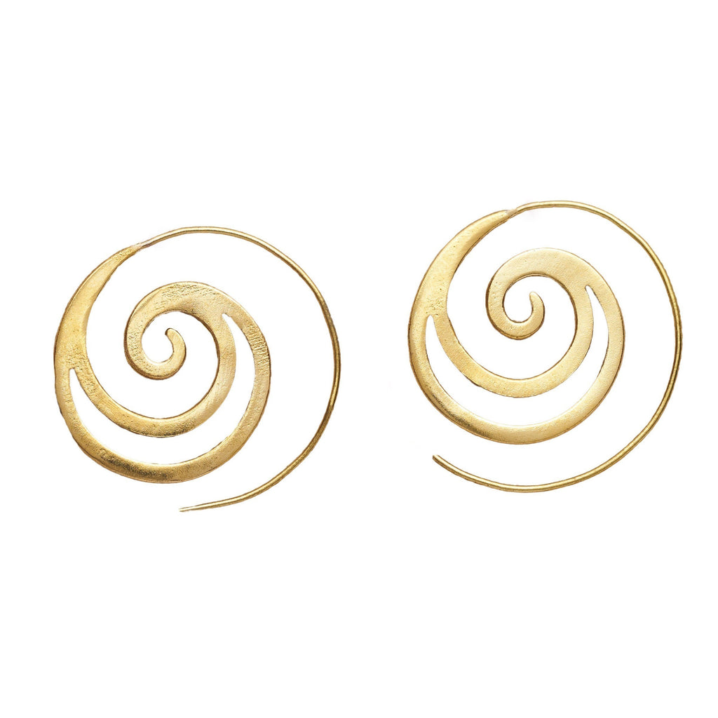 Artisan handmade pure brass, cut out crested wave spiral hoop earrings designed by OMishka.