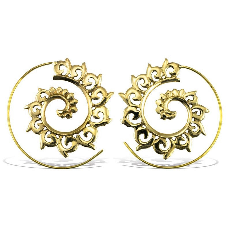 Chunky, artisan handmade pure brass, crested ocean wave detailed spiral hoop earrings designed by OMishka.