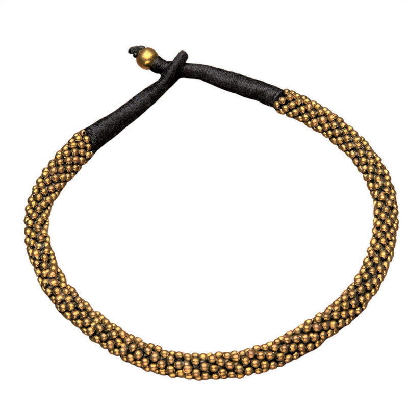 Artisan handmade tiny pure brass beaded, black woven hemp cord, collar necklace designed by OMishka.