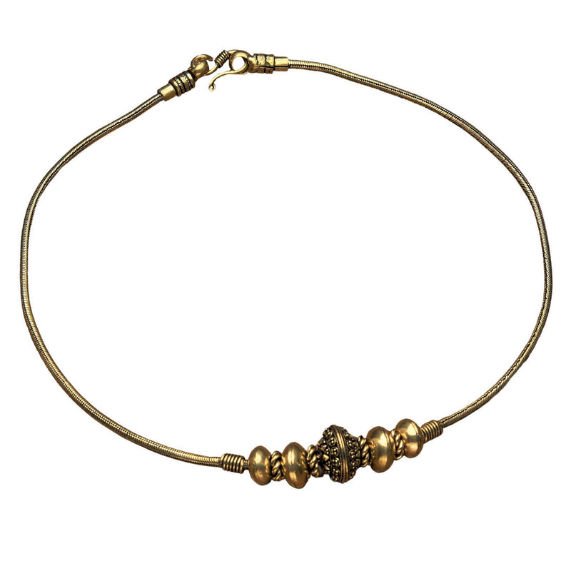 Artisan handmade pure brass, decorative dotty beaded, snake chain necklace designed by OMishka.