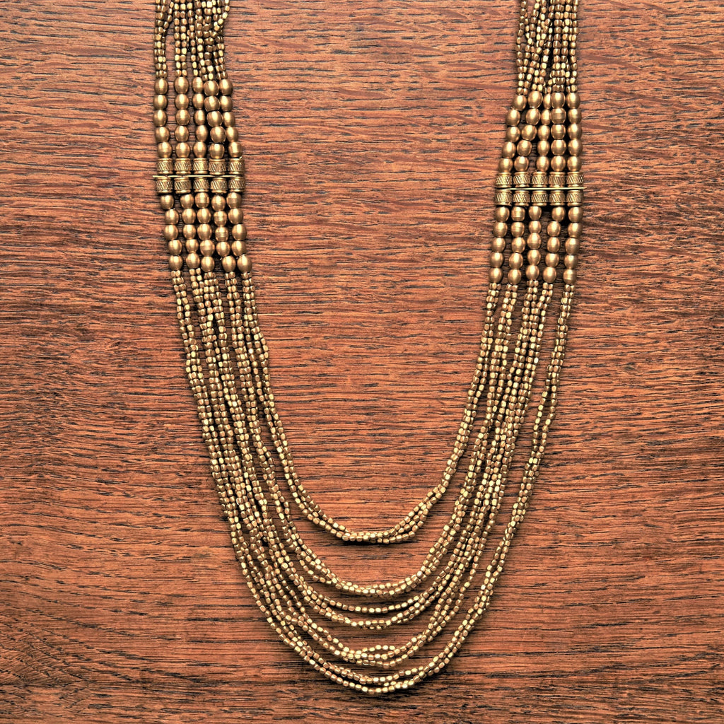 Artisan handmade pure brass, tiny cube and charm beaded, chunky, layered multi strand necklace designed by OMishka.