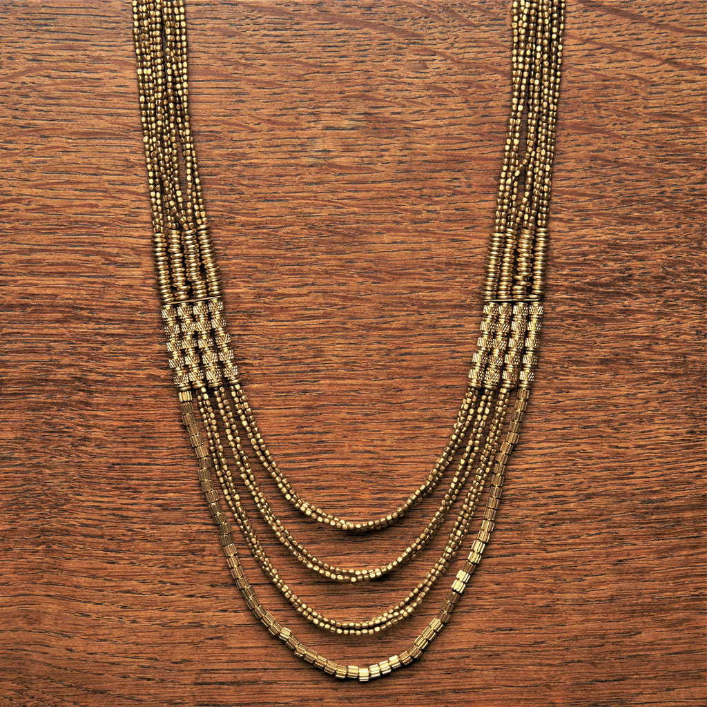 Artisan handmade pure golden brass, tiny cube and etched beaded, chunky, layered multi strand necklace designed by OMishka.