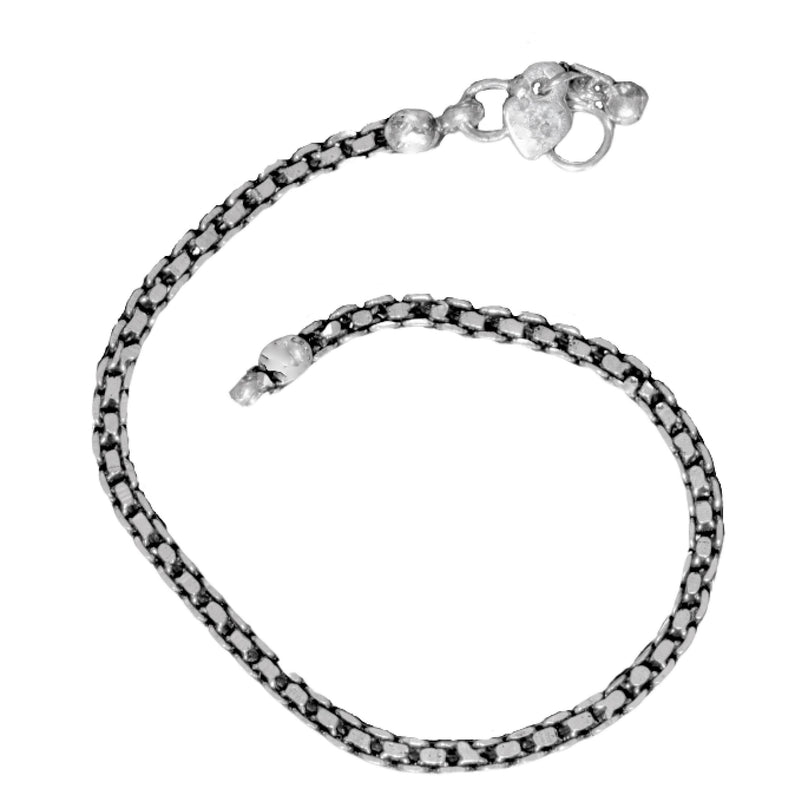 An artisan handmade, chunky solid silver box chain ankle bracelet designed by OMishka.