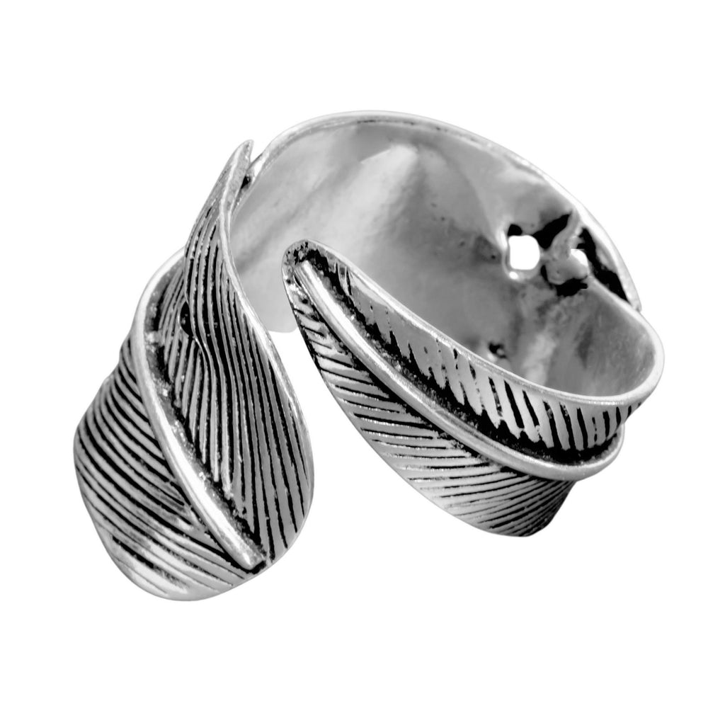An adjustable, chunky, artisan handmade solid silver feather wrap ring designed by OMishka.