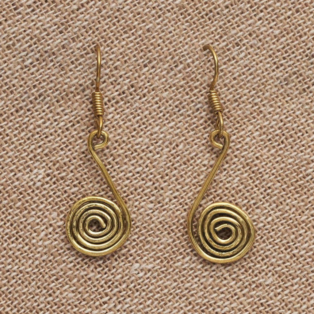Artisan handmade pure brass, dainty single silver spiral, drop hook earrings designed by OMishka.