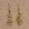Artisan handmade, dainty pure brass swirl drop hook earrings designed by OMishka.