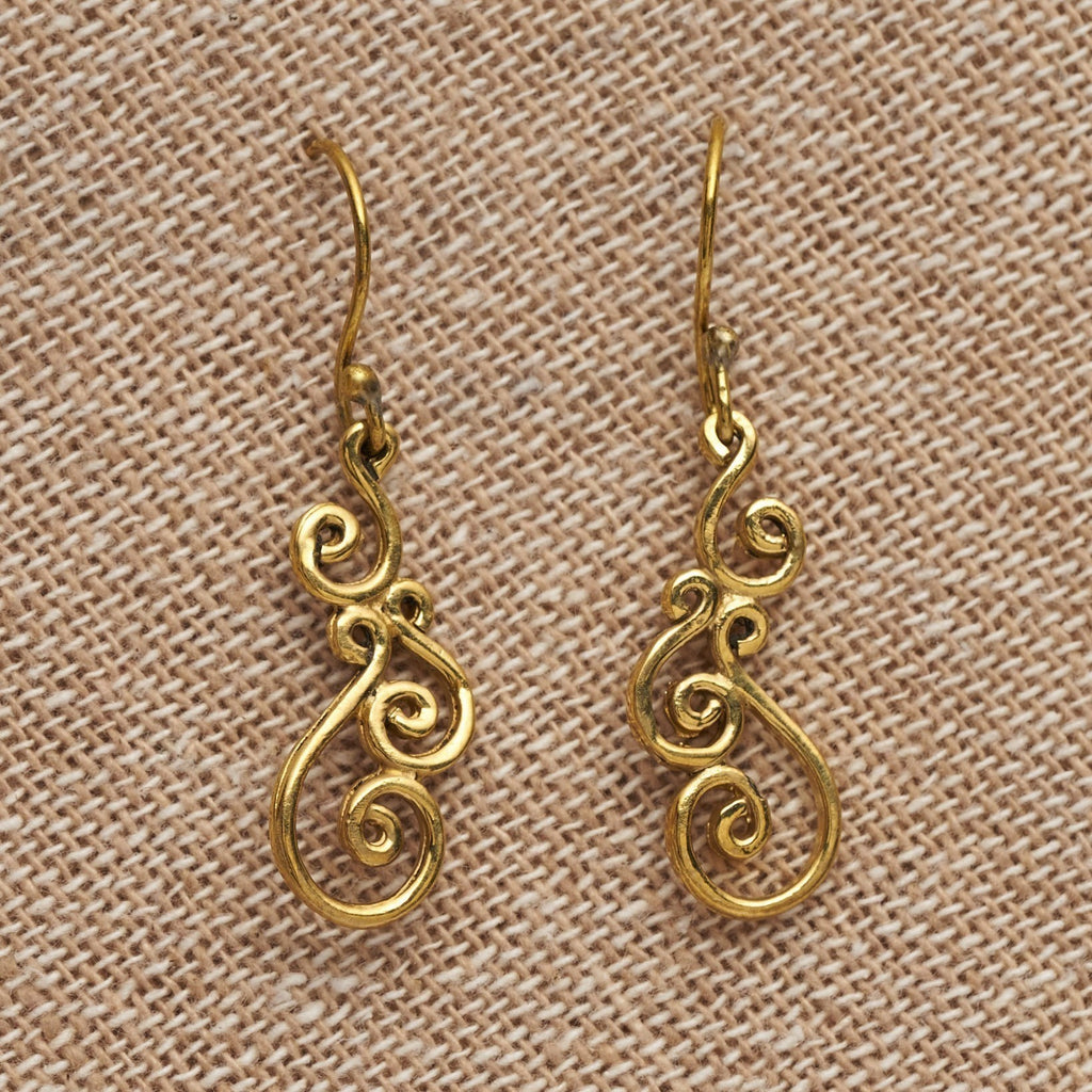 Artisan handmade, dainty pure brass swirl drop hook earrings designed by OMishka.