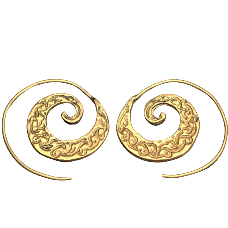 Artisan handmade pure brass, dainty swirl patterned spiral hoop earrings designed by OMishka.