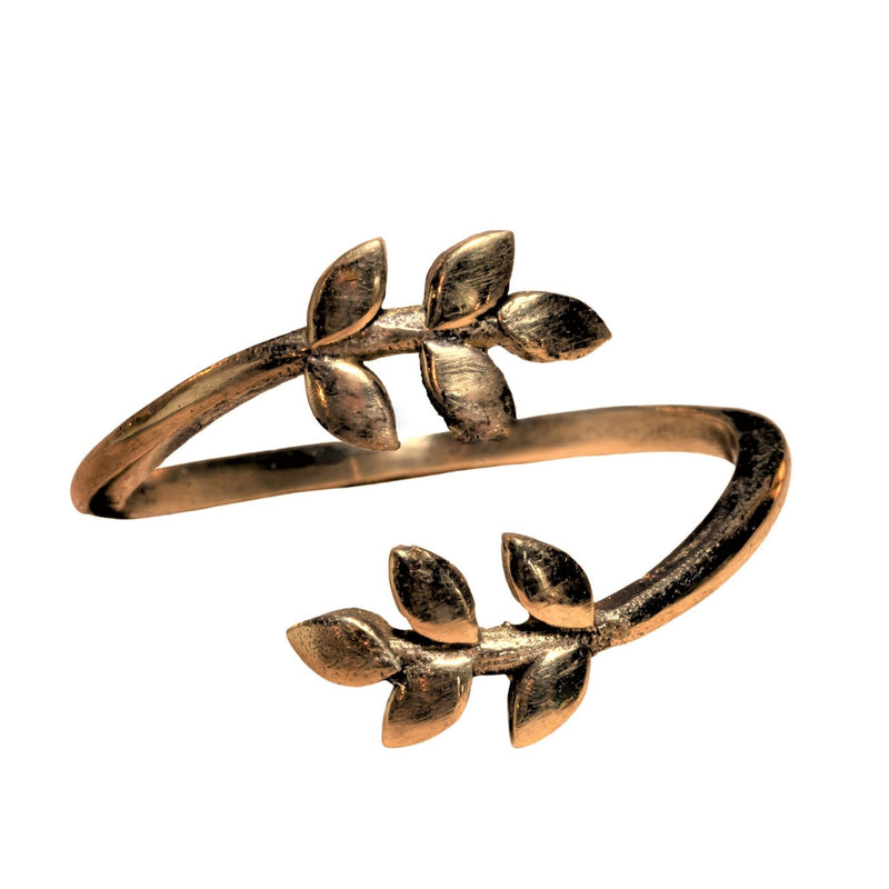 An adjustable, artisan handmade pure brass, dainty laurel leaf wrap ring designed by OMishka.