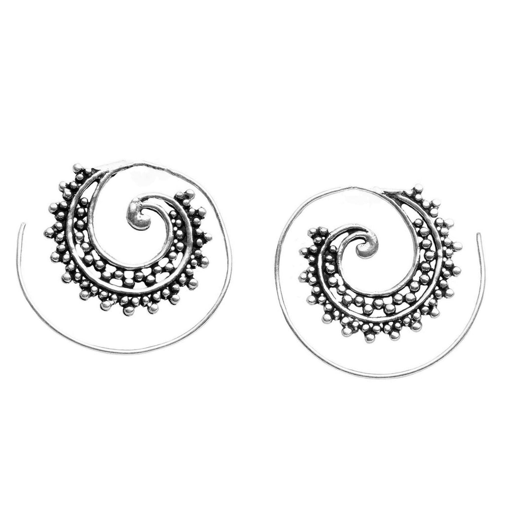 Artisan handmade solid silver, dainty, decorative, dotted spiral hoop earrings designed by OMishka.