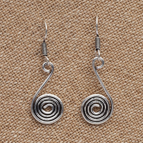 Tribal Dotted Silver Spiral Hoop Earrings