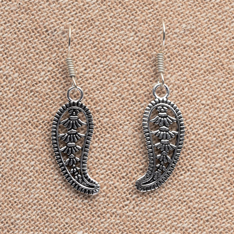 Artisan handmade solid silver, filigree mango motif, dainty leaf drop earrings designed by OMishka.