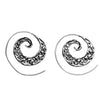 Artisan handmade solid silver, dainty swirl patterned spiral hoop earrings designed by OMishka.