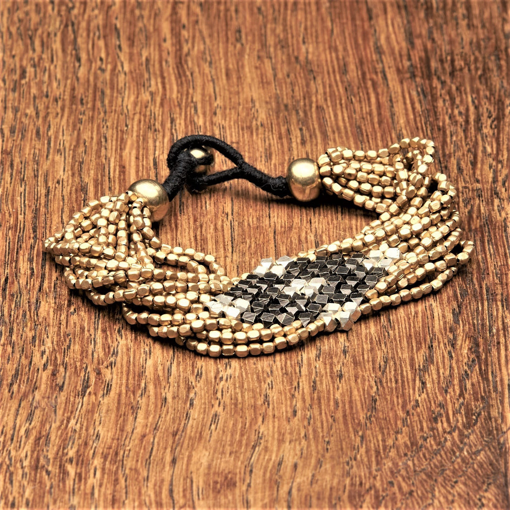 Artisan handmade three colour, silver, black and golden beaded diamond cut, multi strand bracelet designed by OMishka.