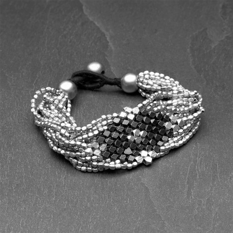 Artisan handmade silver toned and black brass, diamond shaped, multi strand beaded bracelet designed by OMishka.