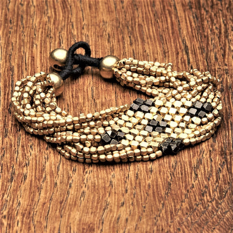 Black & Pure Brass Striped Multi Strand Necklace