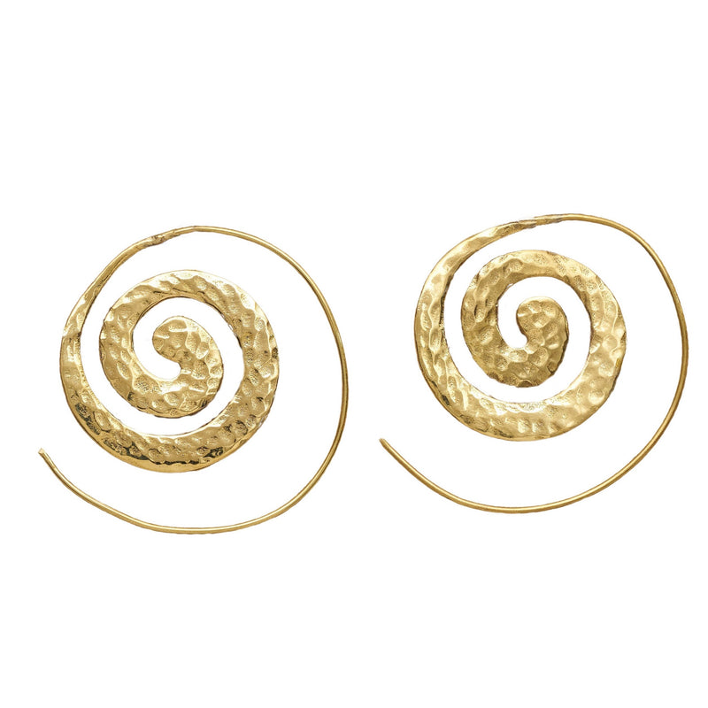 Artisan handmade pure brass, flat, dimpled textured spiral hoop earrings designed by OMishka.