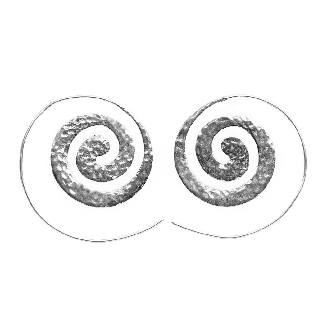 Artisan handmade solid silver, flat, dimpled textured spiral hoop earrings designed by OMishka.