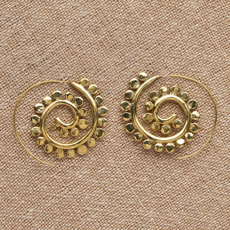 Artisan handmade pure brass, chunky, dotted spiral hoop earrings designed by OMishka.