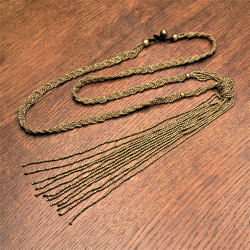 Artisan handmade pure brass, tiny cube beaded, double braided multi strand, tassel necklace designed by OMishka.