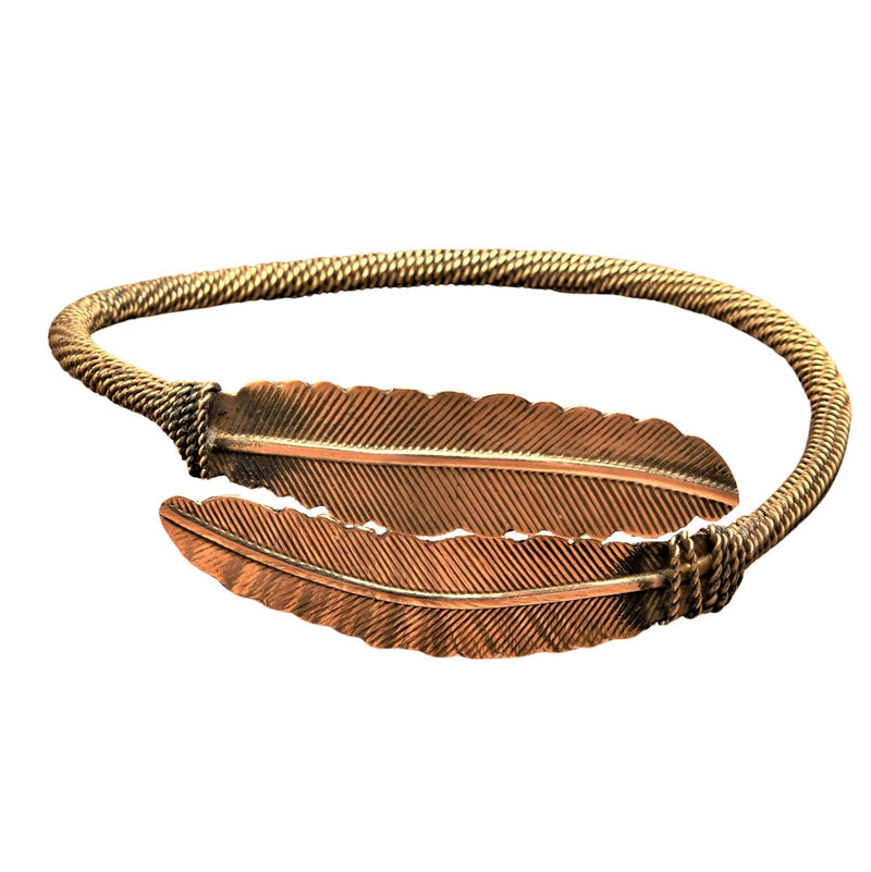 An artisan handmade double feather, pure brass wrap bracelet designed by OMishka.