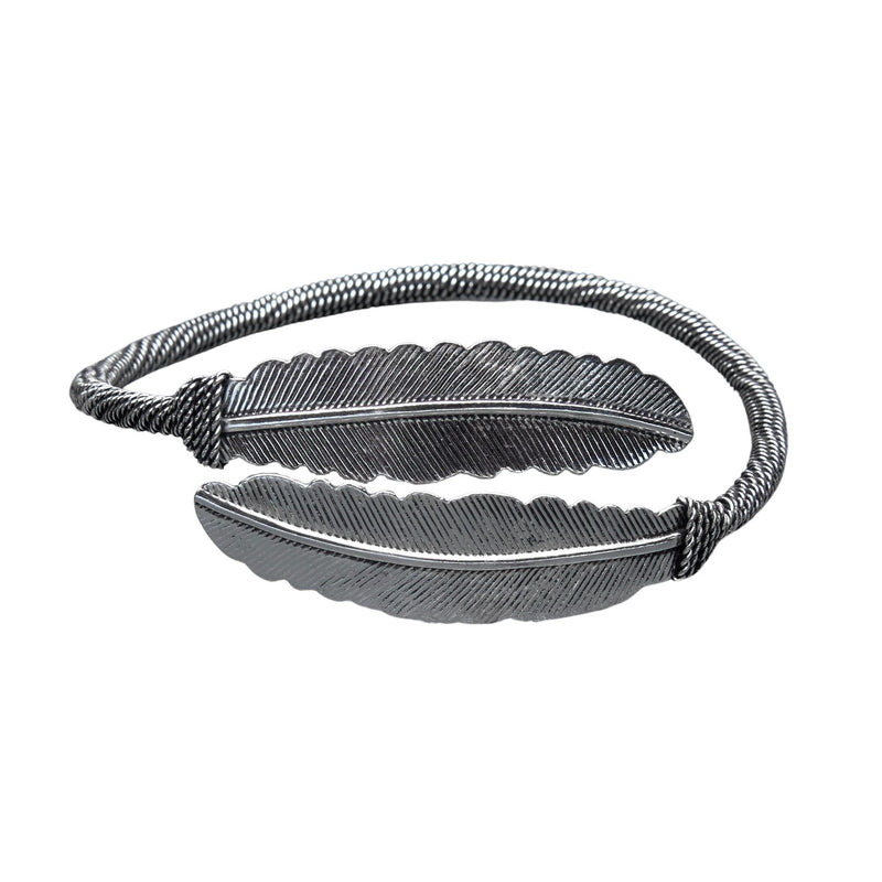An artisan handmade double feather, silver torque bracelet designed by OMishka.