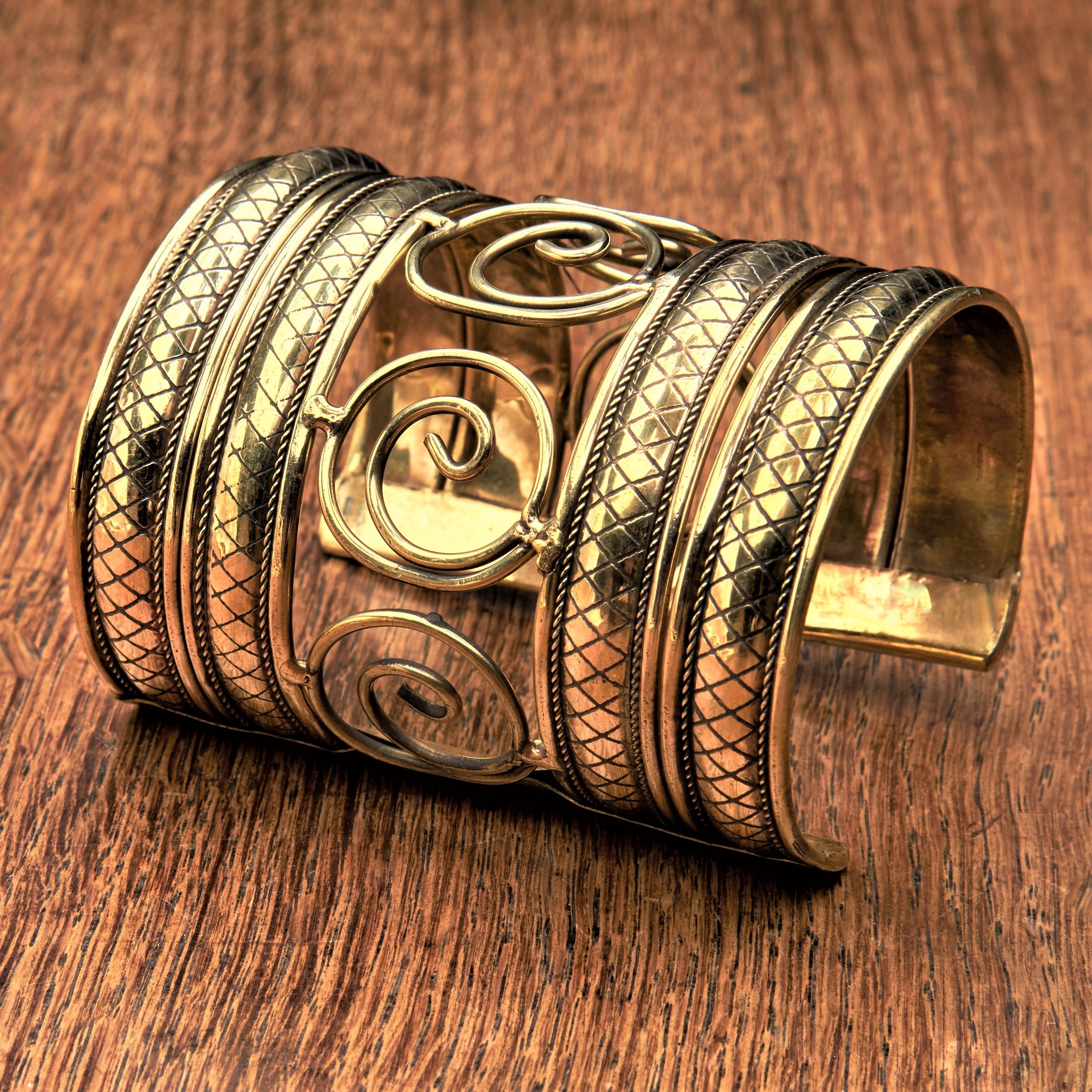 Handmade Extra Wide Brass Spiral Cuff Bracelet - OMishka