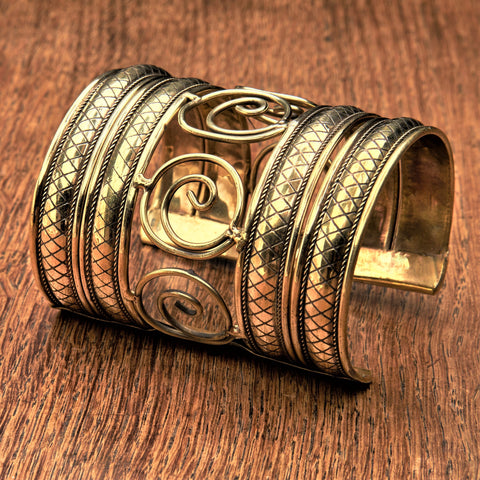 Wide Concave Pure Brass Patterned Cuff Bracelet