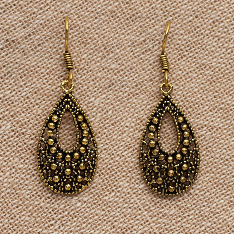 Artisan handmade pure brass, exquisite filigree tear drop earrings designed by OMishka.